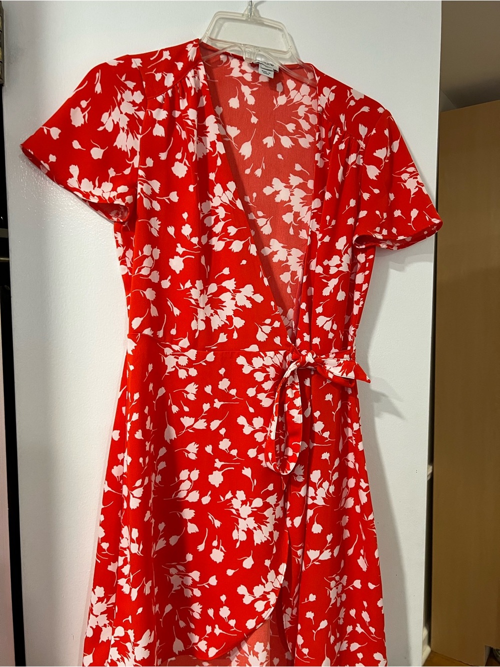 J. Crew Red and White Floral Wrap Dress with Tie Waist